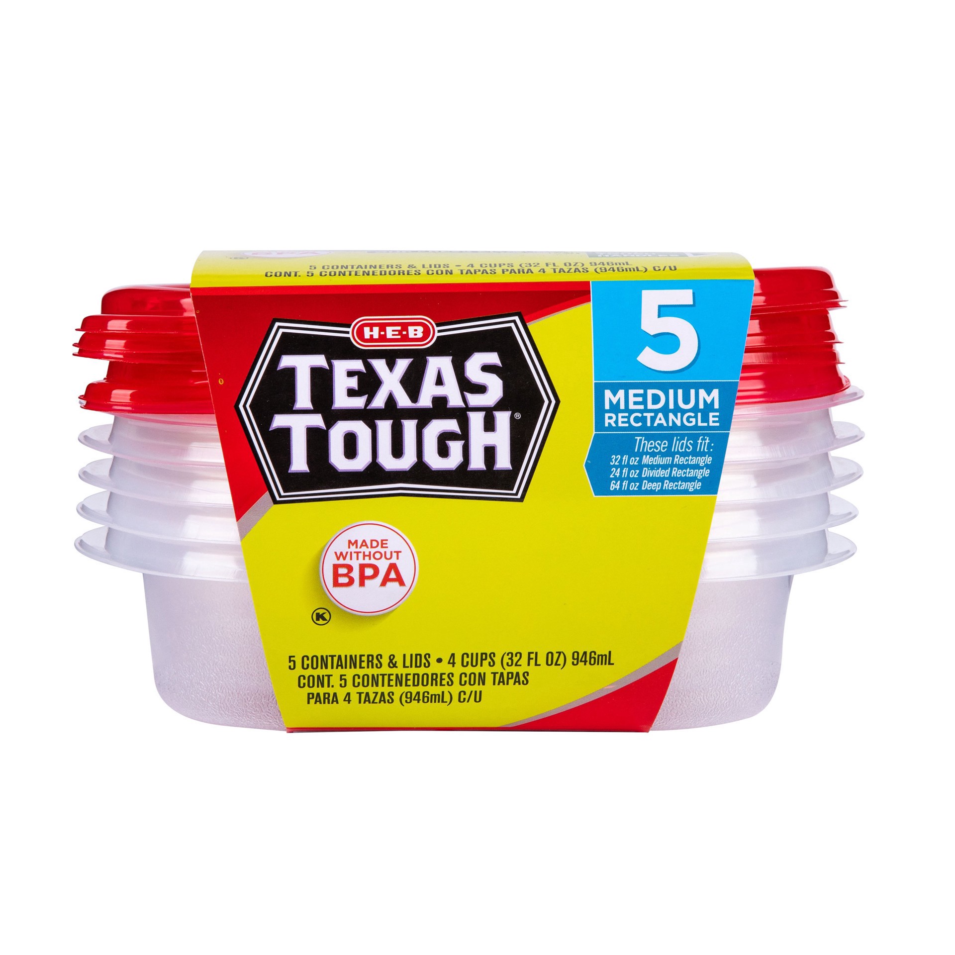 slide 1 of 1, H-E-B 5 Texas Tough Medium Rectangle Storage Containers, 32 oz
