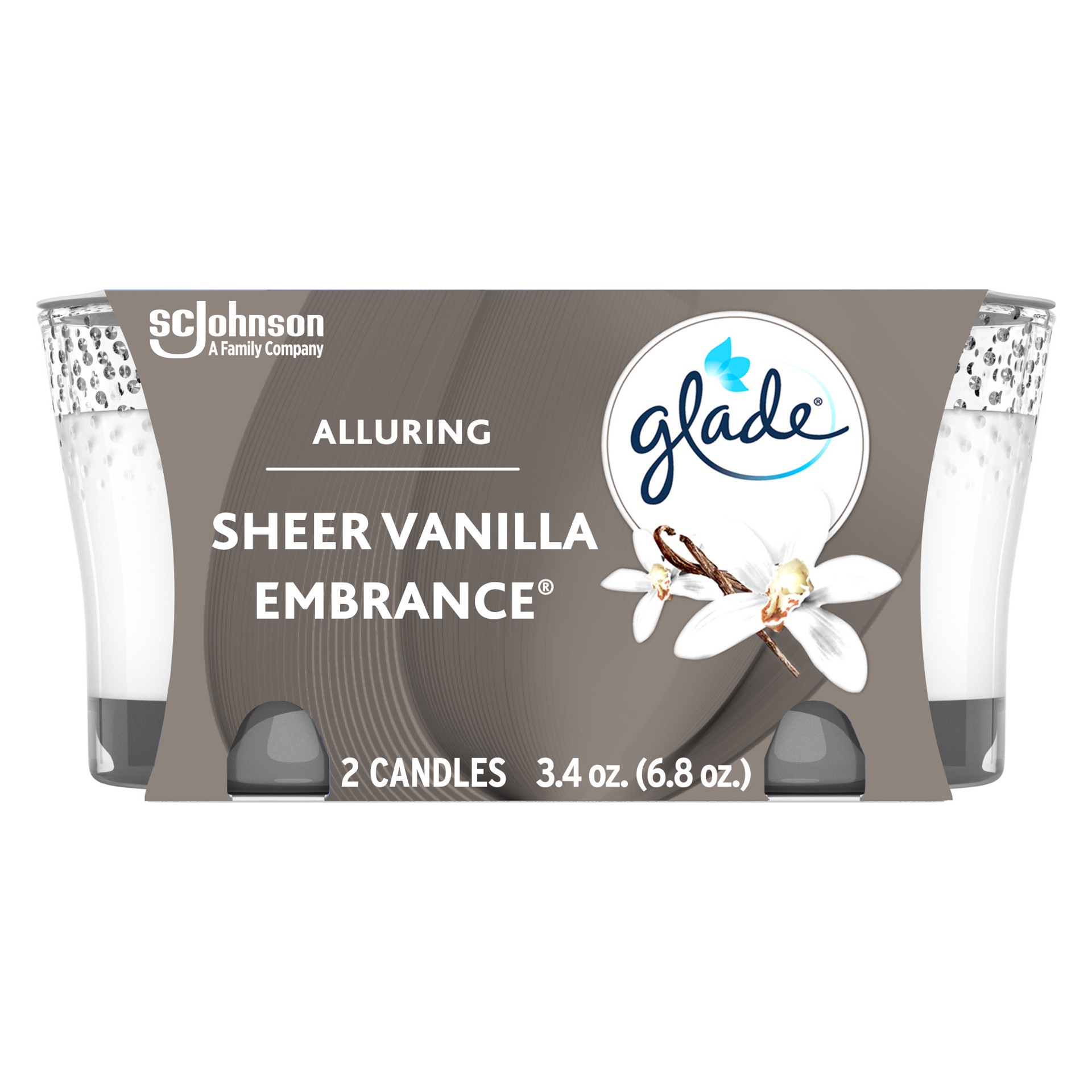 slide 5 of 5, Glade Candle Alluring Sheer Vanilla Embrace Scent, 1-Wick, 3.4 oz (96.3 g) Each, 2 Counts, Fragrance Infused with Essential Oils, Notes of Vanilla Blossom, White Orchid, Sandalwood, Lead-Free Wick, 6.8 oz