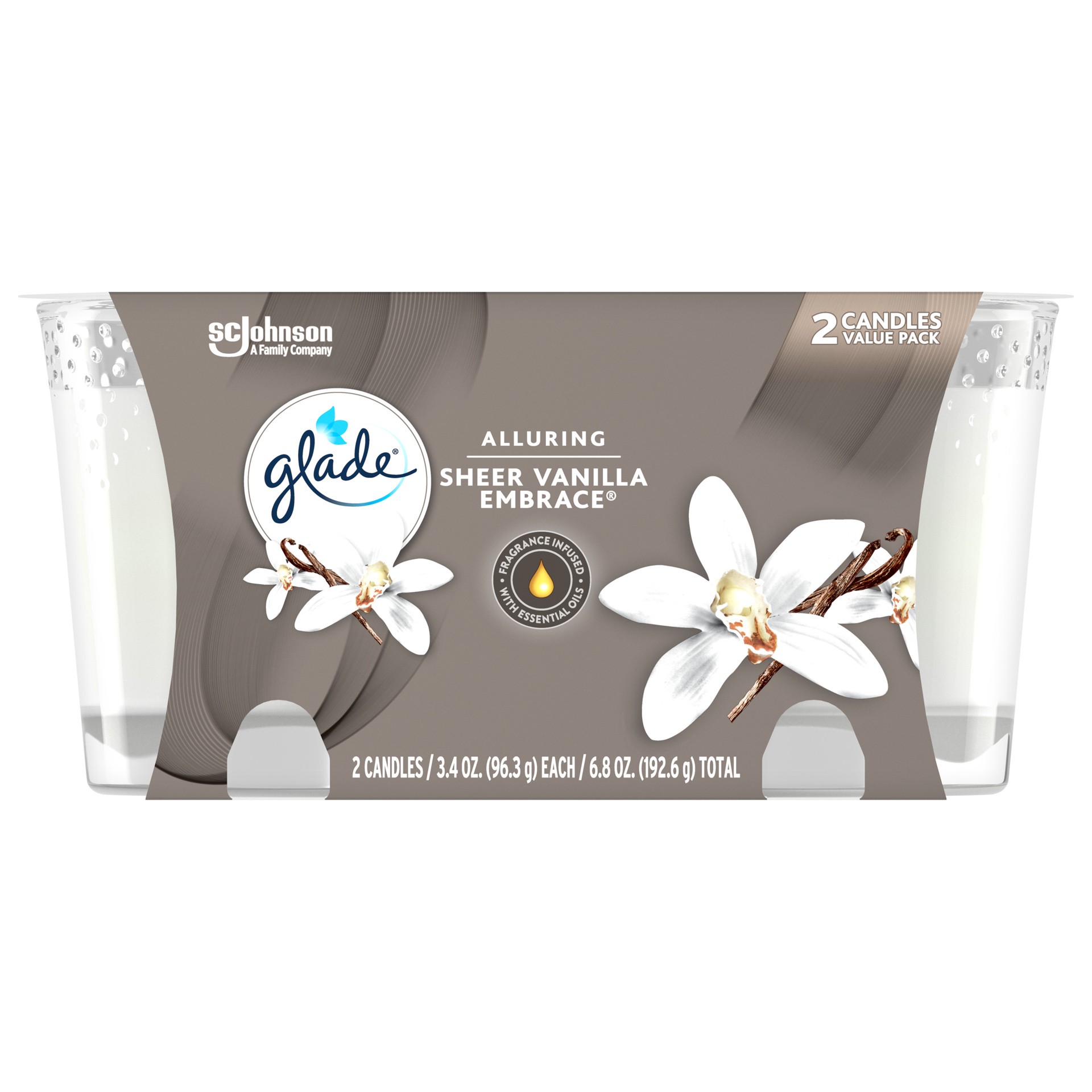 slide 1 of 5, Glade Candle Alluring Sheer Vanilla Embrace Scent, 1-Wick, 3.4 oz (96.3 g) Each, 2 Counts, Fragrance Infused with Essential Oils, Notes of Vanilla Blossom, White Orchid, Sandalwood, Lead-Free Wick, 6.8 oz