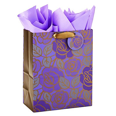 slide 1 of 1, Hallmark Purple Flowers, Gold Accented Large Gift Bag with Tissue Paper, #52, 13 in
