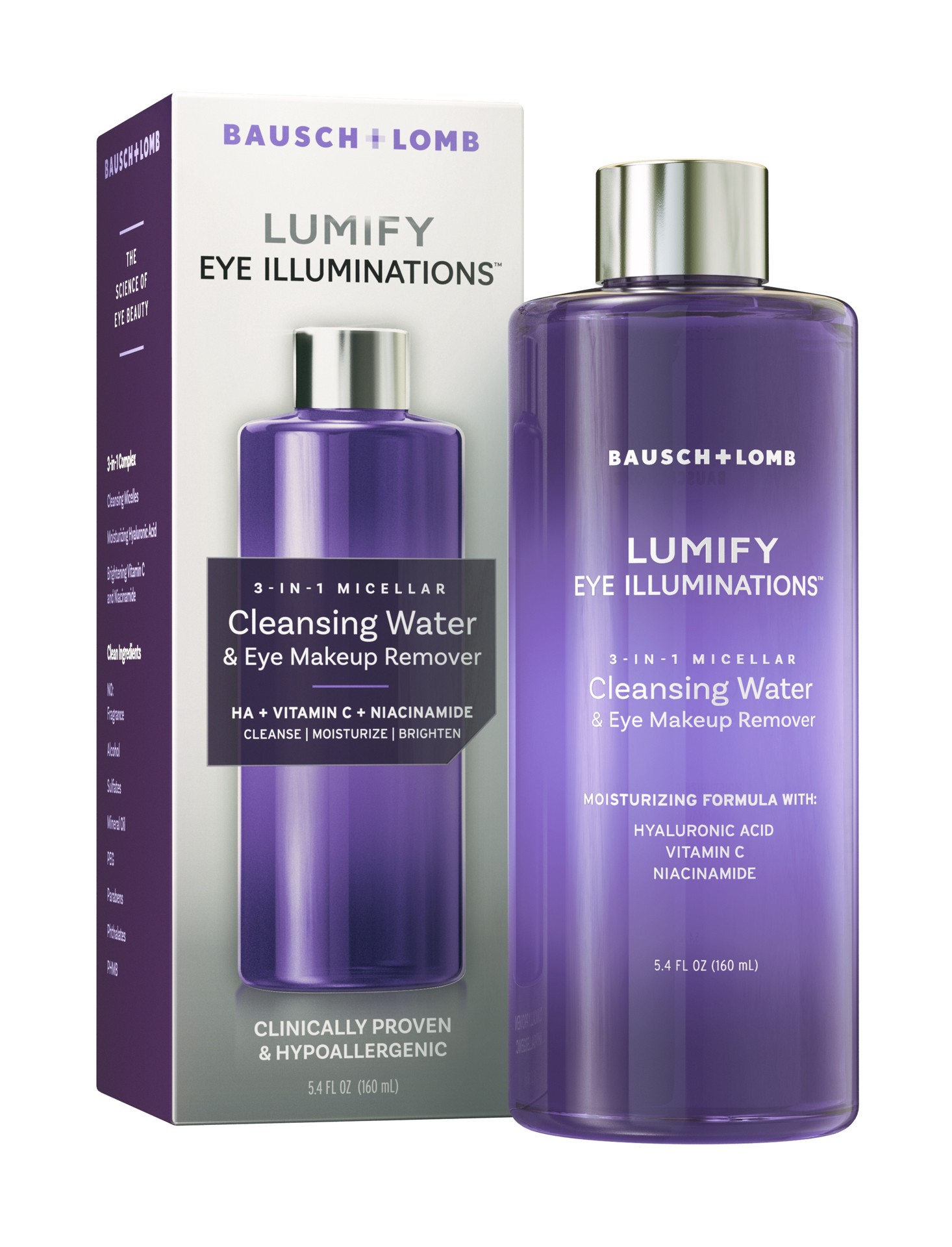 slide 1 of 1, LUMIFY Eye Illuminations Cleansing Water & Eye Makeup Remover, 3-in-1 Micellar Water Contains Hyaluronic Acid, Vitamin C & Niacinamide, Clinically Proven & Hypoallergenic, Contact Lens & Lash Extension Friendly, 160mL, 160 mL