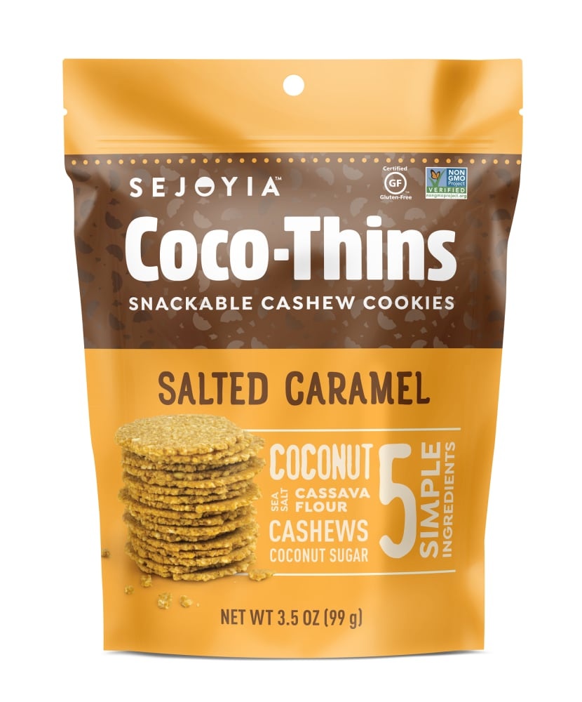 slide 1 of 1, Sejoyia Coco-Thins Salted Caramel Snackable Cashew Cookies, 3.5 oz