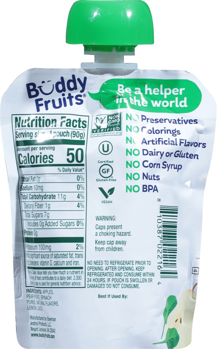 slide 4 of 9, Buddy Fruitss + Veggies All Natural Spinach, Pear & Apple Pouch, 3.2 oz