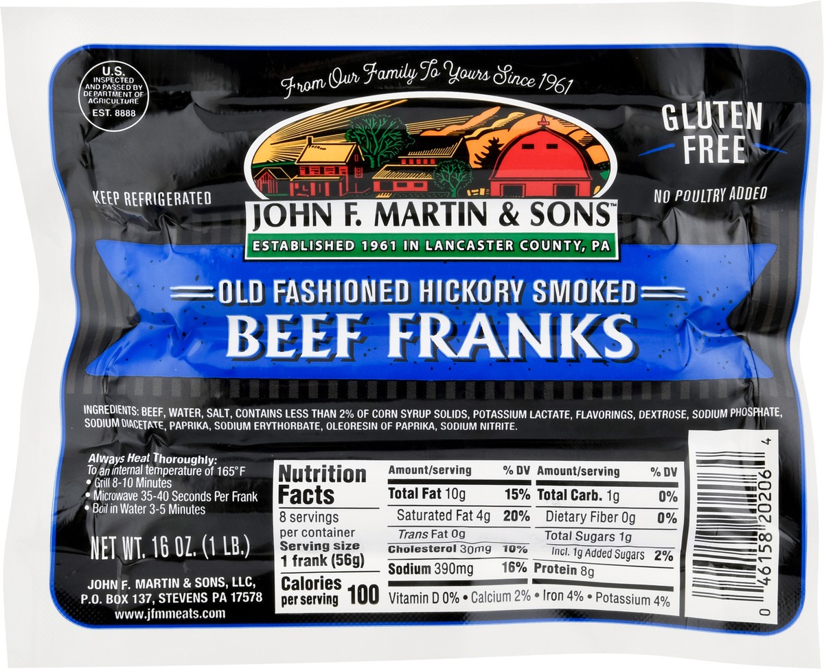 slide 9 of 9, John F. Martin & Sons Old Fashioned Hickory Smoked Beef Franks 16 oz, 16 oz