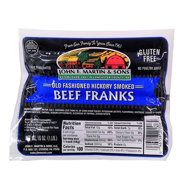 slide 1 of 9, John F. Martin & Sons Old Fashioned Hickory Smoked Beef Franks 16 oz, 16 oz