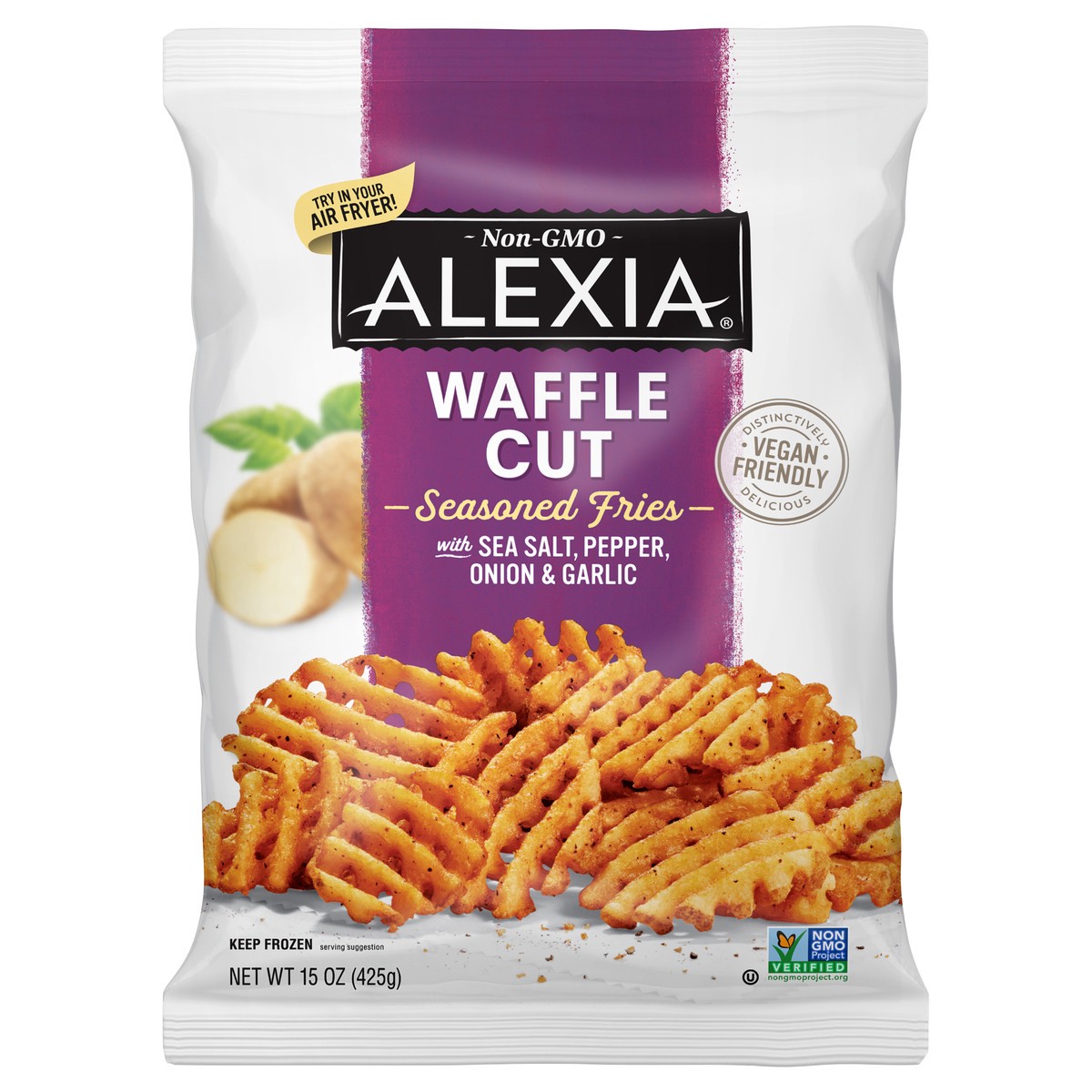 slide 2 of 2, Alexia Waffle Cut Seasoned Fries with Sea Salt, Pepper, Onion & Garlic 15 oz, 1 ct