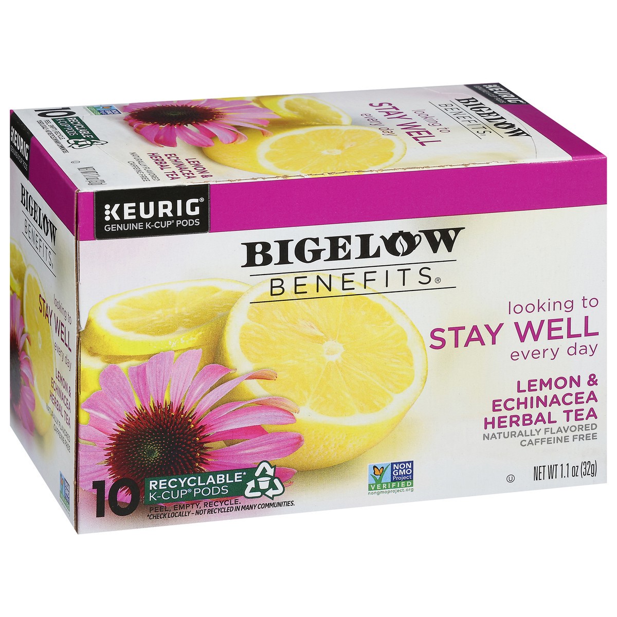 slide 5 of 14, Bigelow Benefits Caffeine Free Stay Well Lemon & Echinacea Herbal Tea 10 K-Cup Pods, 10 ct