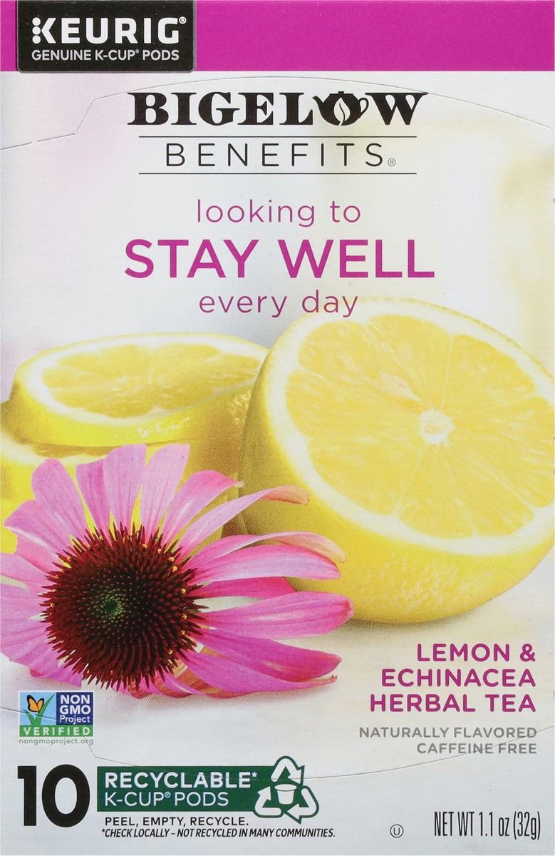 slide 6 of 14, Bigelow Benefits Caffeine Free Stay Well Lemon & Echinacea Herbal Tea 10 K-Cup Pods, 10 ct