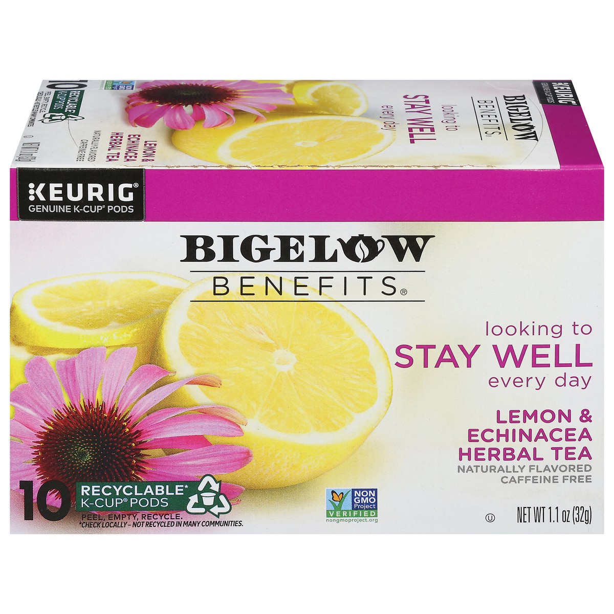 slide 8 of 14, Bigelow Benefits Caffeine Free Stay Well Lemon & Echinacea Herbal Tea 10 K-Cup Pods, 10 ct