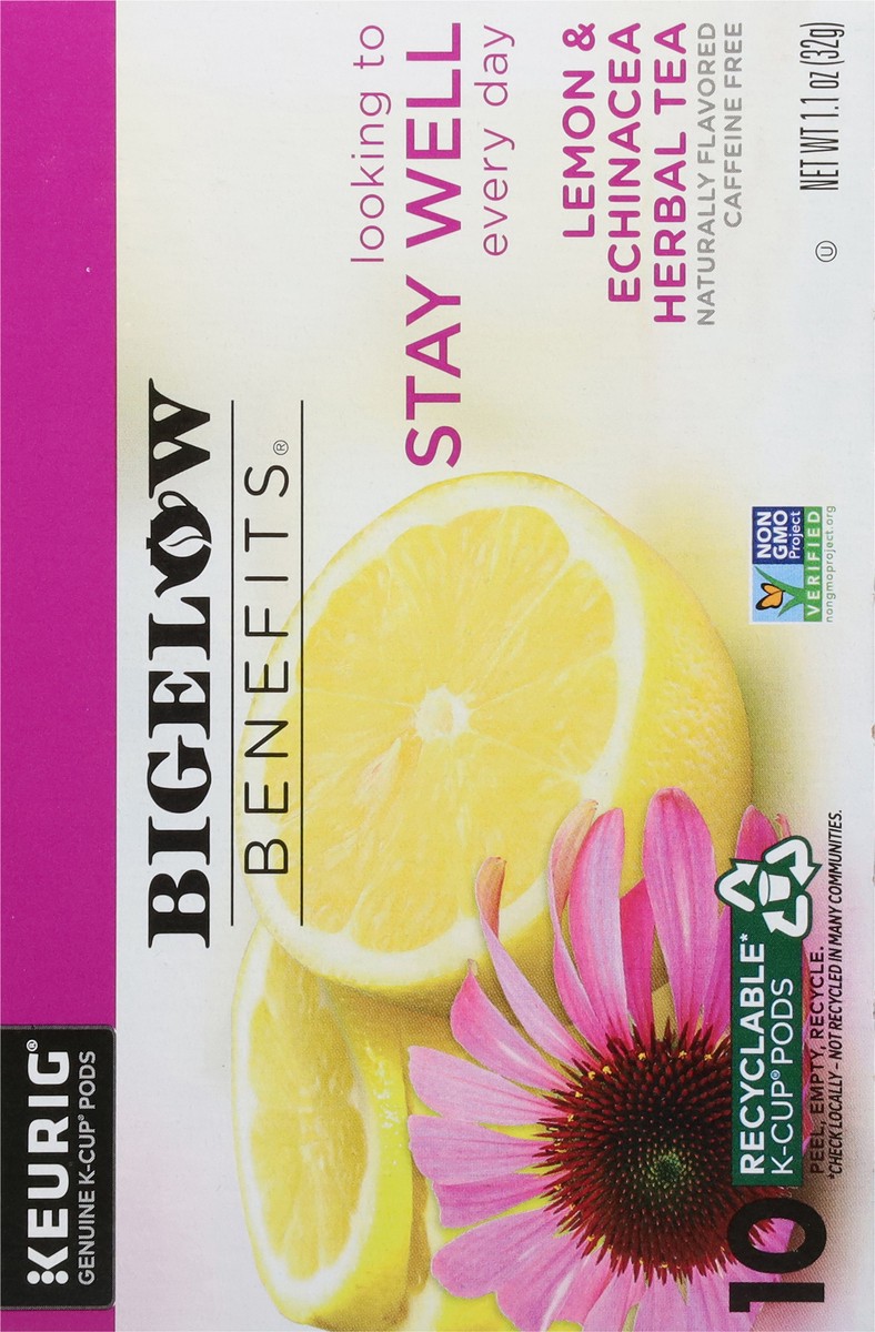 slide 11 of 14, Bigelow Benefits Caffeine Free Stay Well Lemon & Echinacea Herbal Tea 10 K-Cup Pods, 10 ct