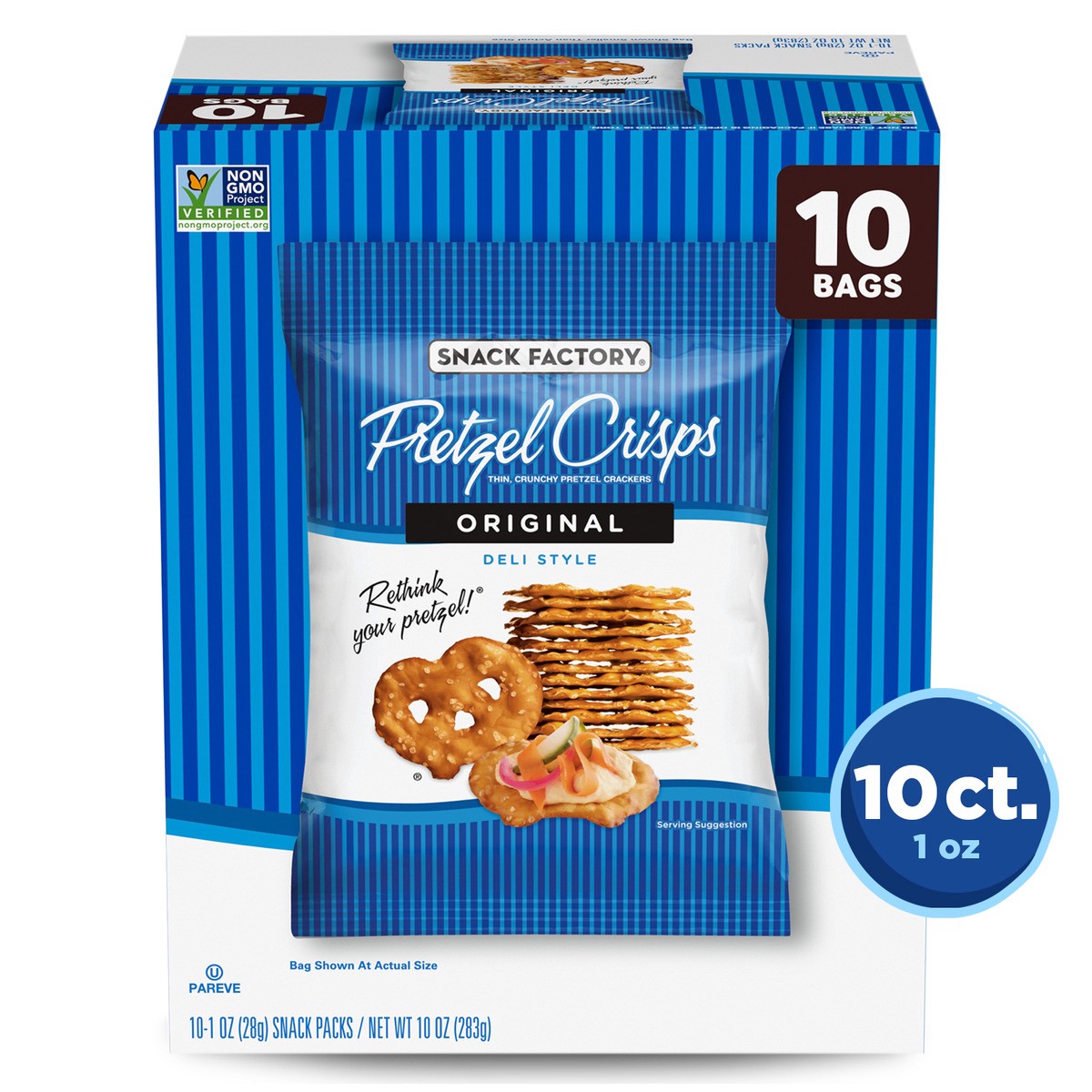 slide 1 of 5, Snack Factory Pretzel Crisps, Original, 1 Oz Snack Bags, 10 Ct, 10 oz