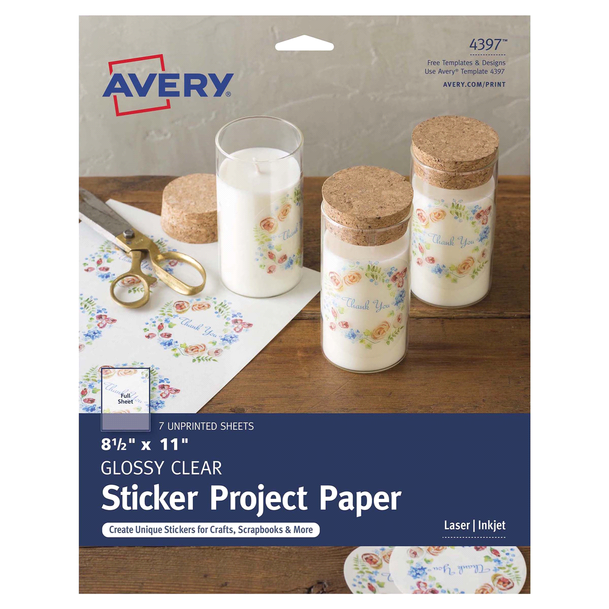 slide 1 of 5, Avery Printable Sticker Paper, Glossy Clear, 8.5" x 11", Laser/Inkjet, 8.5 in