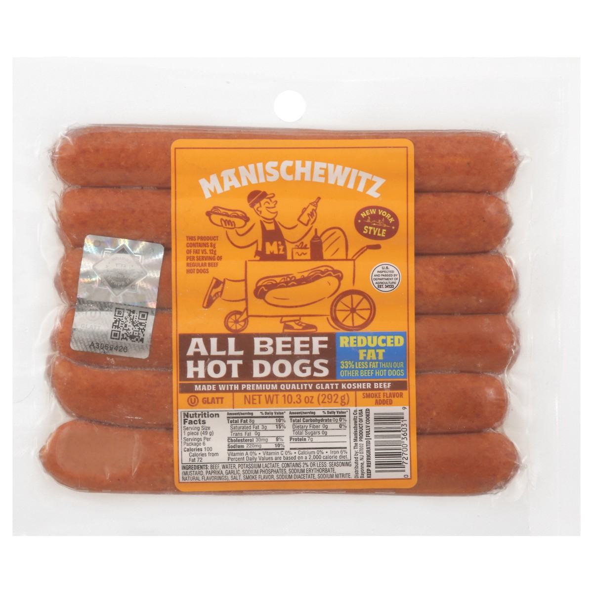 slide 8 of 13, Manischewitz Reduced Fat All Beef Hot Dogs 10.3 oz, 10.3 oz