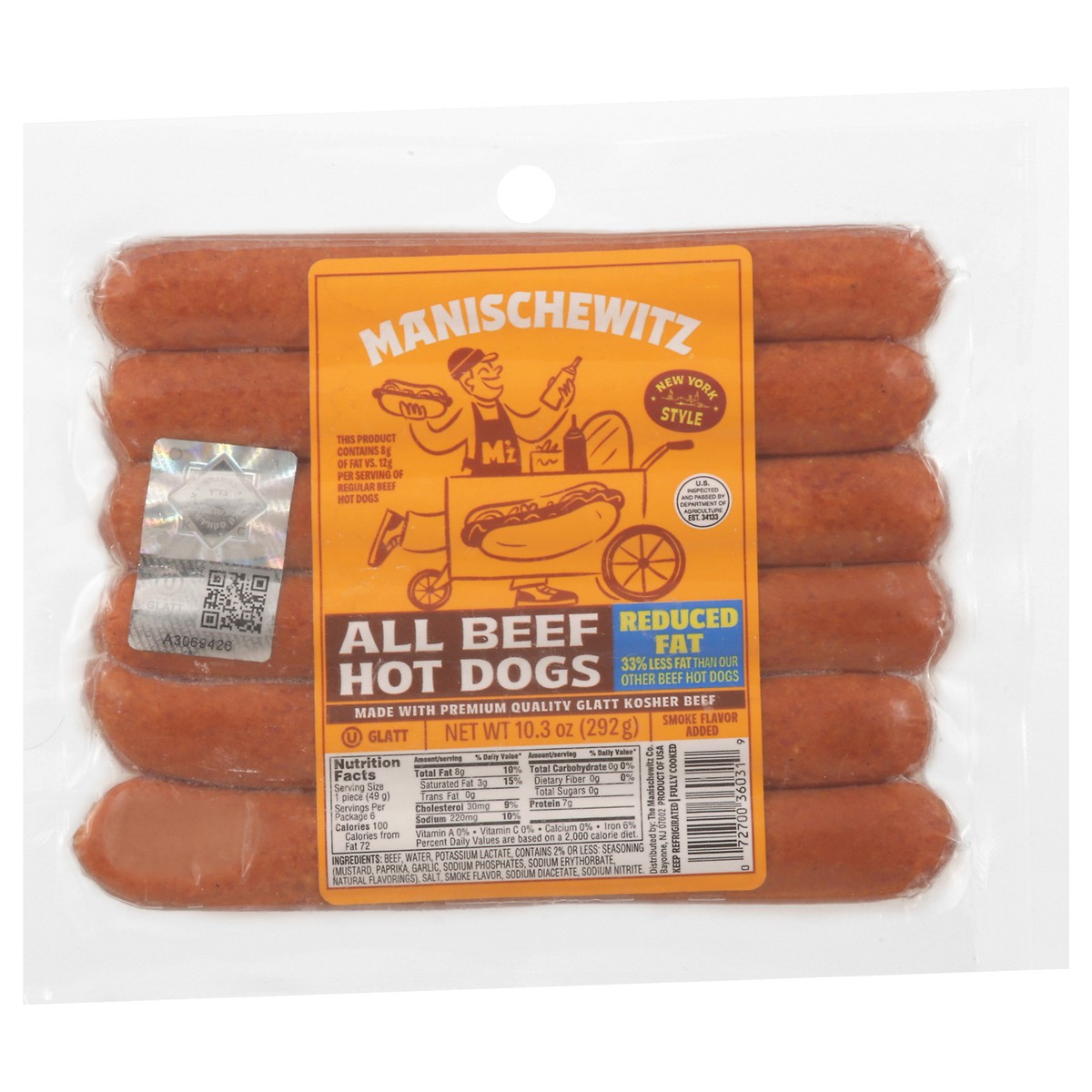 slide 2 of 13, Manischewitz Reduced Fat All Beef Hot Dogs 10.3 oz, 10.3 oz