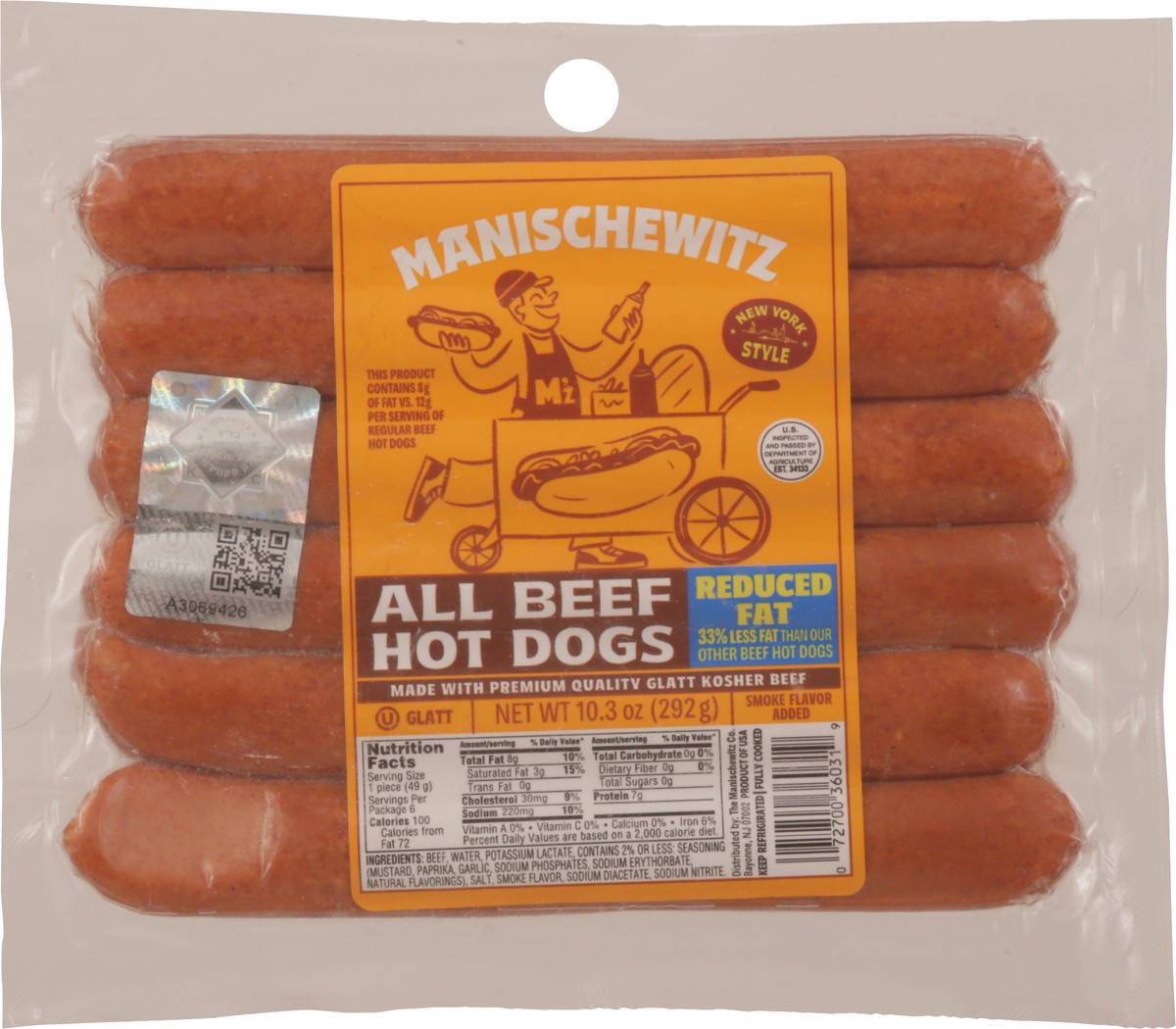 slide 6 of 13, Manischewitz Reduced Fat All Beef Hot Dogs 10.3 oz, 10.3 oz