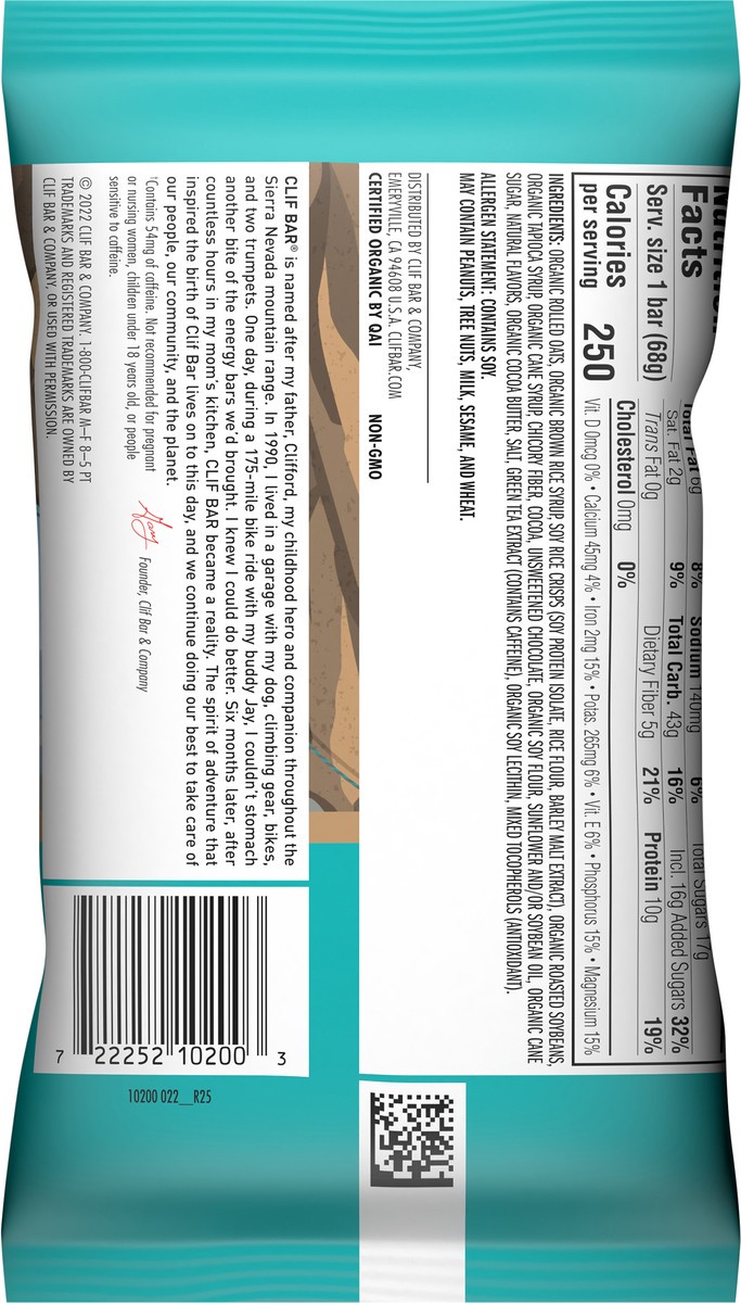 slide 3 of 9, CLIF BAR - Cool Mint Chocolate with Caffeine - Made with Organic Oats - 10g Protein - Non-GMO - Plant Based - Energy Bar - 2.4 oz., 2.4 oz