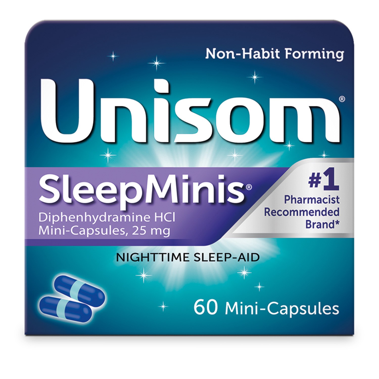 slide 1 of 1, Unisom SleepMinis, Nighttime Sleep-aid, Diphenhydramine HCI, 60 Mini-Capsules, 60 ct