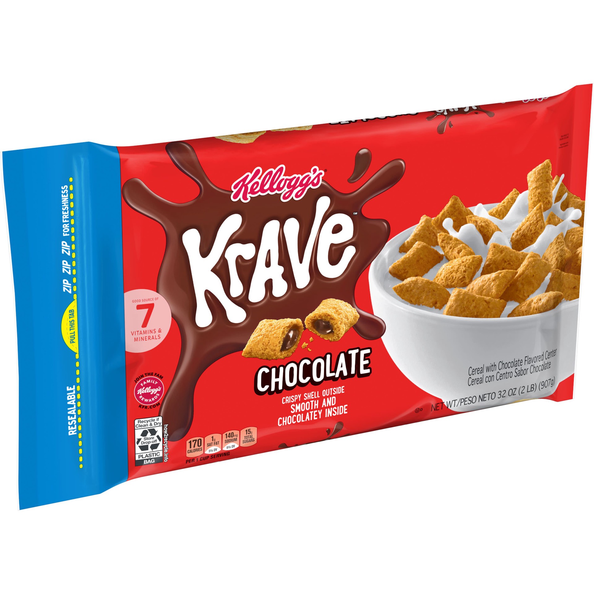 slide 1 of 5, Krave Kellogg's Krave Breakfast Cereal, Kids Cereal, Family Breakfast, Chocolate, 32oz Bag, 1 Bag, 32 oz
