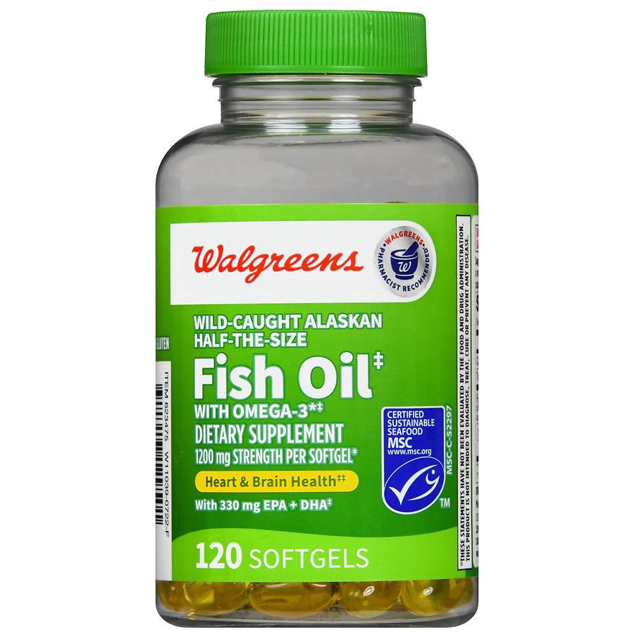 slide 3 of 5, Walgreens Half-the-Size Fish Oil with Omega-3, 1200mg Strength, 120 ct