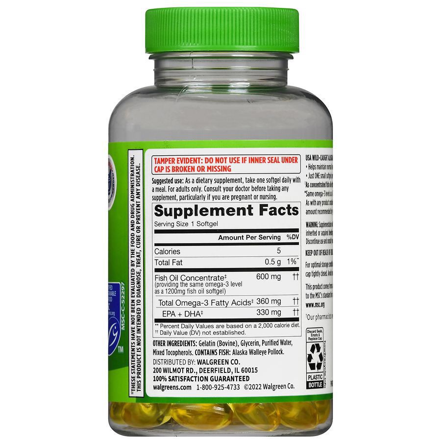 slide 4 of 5, Walgreens Half-the-Size Fish Oil with Omega-3, 1200mg Strength, 120 ct
