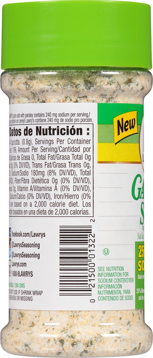 slide 2 of 11, Lawry's 25% Less Sodium Garlic Salt With Parsley, 5.62 oz, 5.62 oz