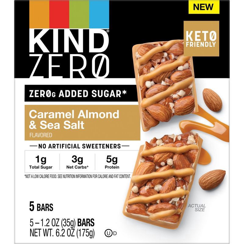 slide 6 of 6, KIND ZERO Caramel Almond & Sea Salt Nut Bars, 5 ct