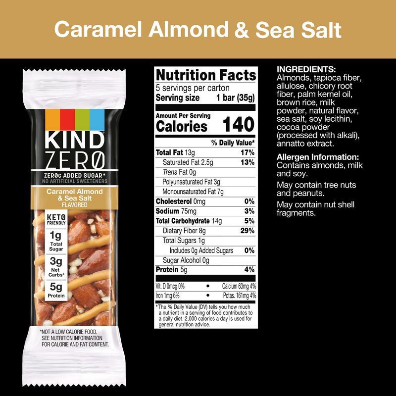 slide 2 of 6, KIND ZERO Caramel Almond & Sea Salt Nut Bars, 5 ct