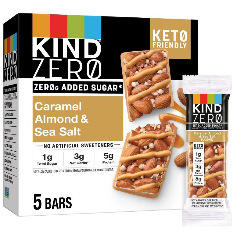 slide 1 of 6, KIND ZERO Caramel Almond & Sea Salt Nut Bars, 5 ct