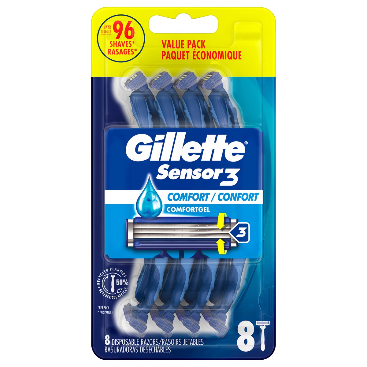 slide 1 of 1, Gillette Sensor3 Mens Disposable Razors, 8 ct