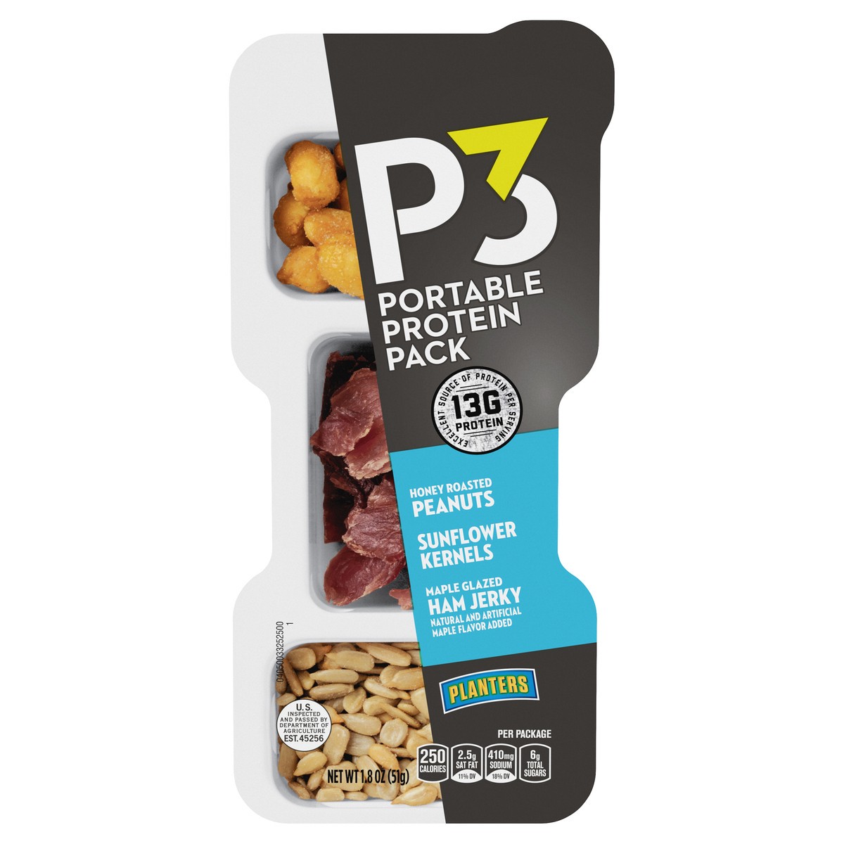 slide 1 of 11, P3 Portable Protein Snack Pack with Honey Roasted Peanuts, Sunflower Kernels & Maple Glazed Ham Jerky Tray, 1.8 oz