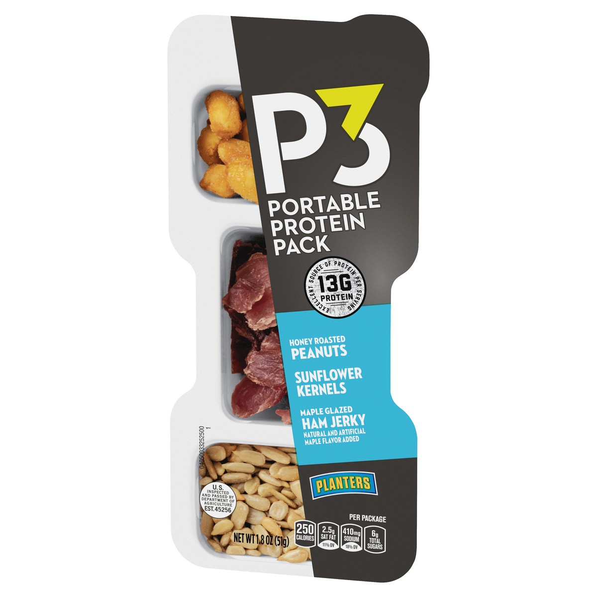 slide 3 of 11, P3 Portable Protein Snack Pack with Honey Roasted Peanuts, Sunflower Kernels & Maple Glazed Ham Jerky Tray, 1.8 oz