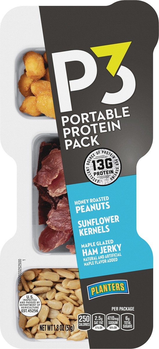 slide 9 of 11, P3 Portable Protein Snack Pack with Honey Roasted Peanuts, Sunflower Kernels & Maple Glazed Ham Jerky Tray, 1.8 oz