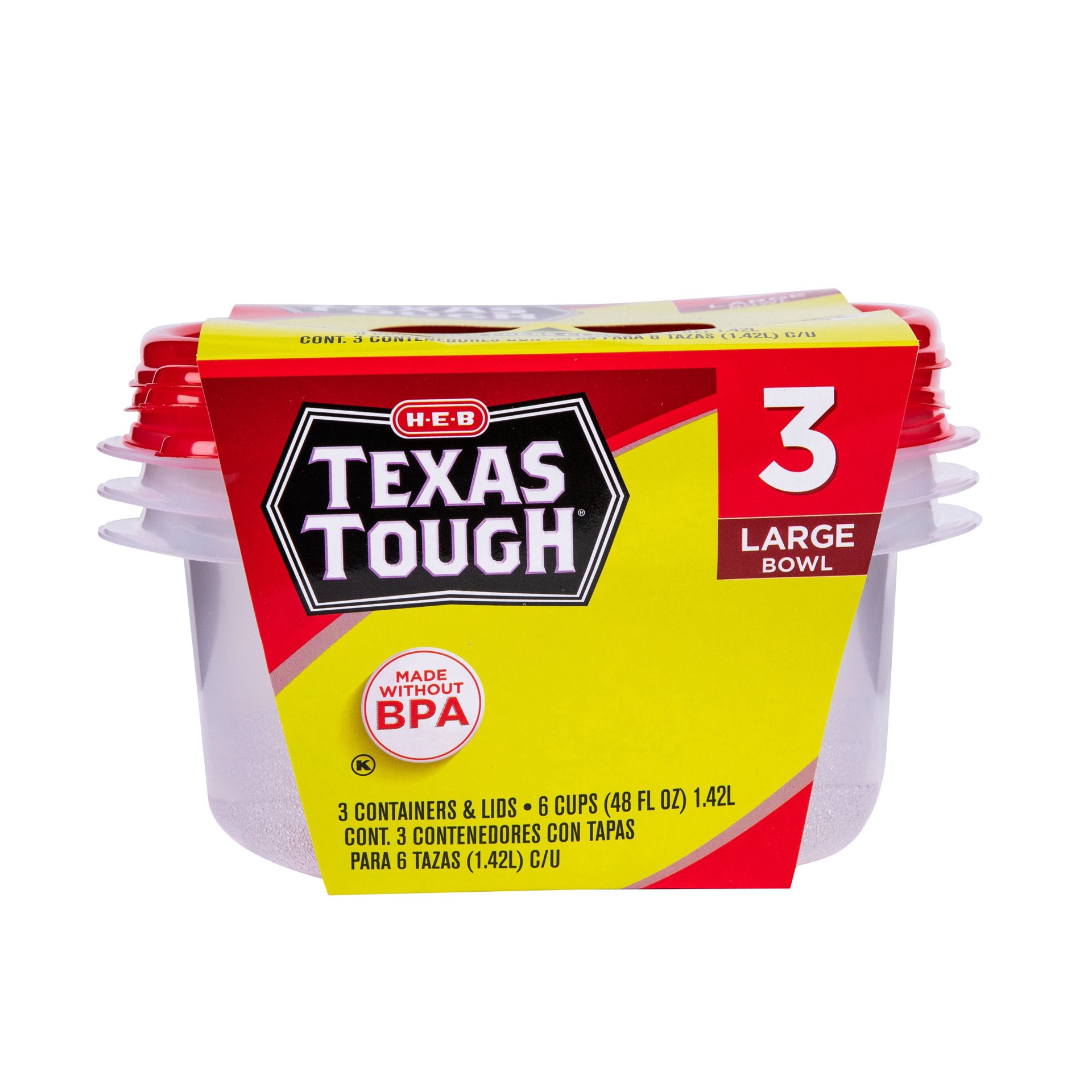 slide 1 of 1, H-E-B 3 Texas Tough Large Bowl Storage Containers, 48 oz