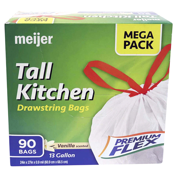 slide 1 of 1, Meijer Tall Kitchen Drawstring Bags Premium Flex Vanilla Scented Mega Pack, 90 ct; 13 gal