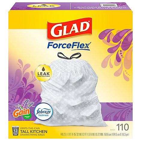 slide 1 of 1, Glad Forceflex Tall Kitchen Drawstring Trash Bags, 13 Gallon, Mediterranean Lavender Febreze, 110ct - 110 CT, 110 ct