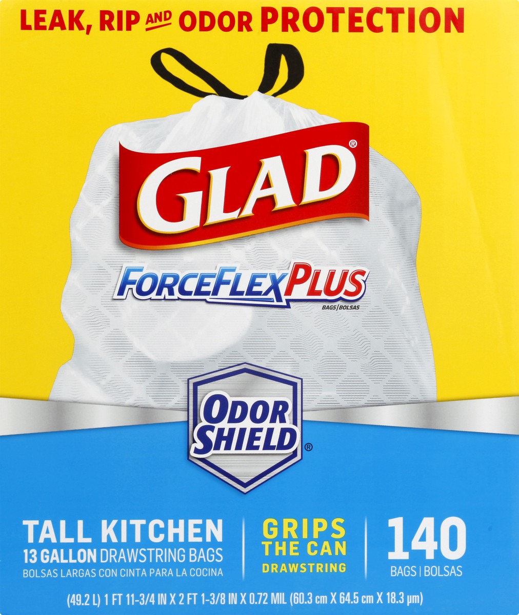 slide 4 of 11, Glad ForceFlexPlus Odor Shield 13 Gallon Drawstring Trash Bags 140 ea, 140 ct