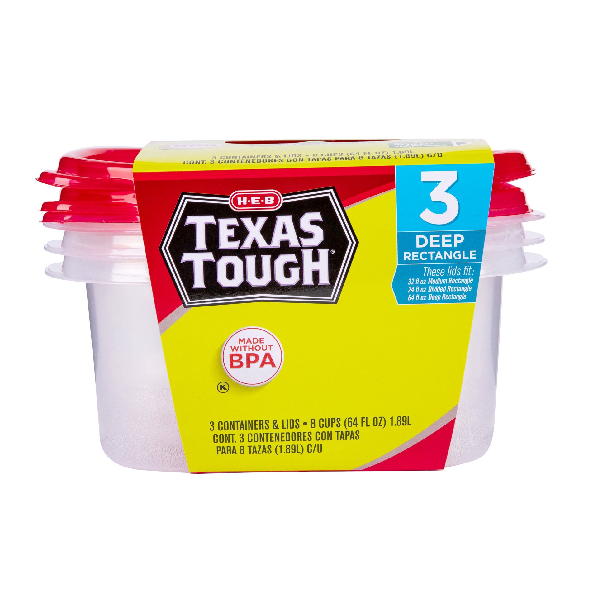 slide 1 of 1, H-E-B 3 Texas Tough Large Rectangle Storage Containers, 64 oz