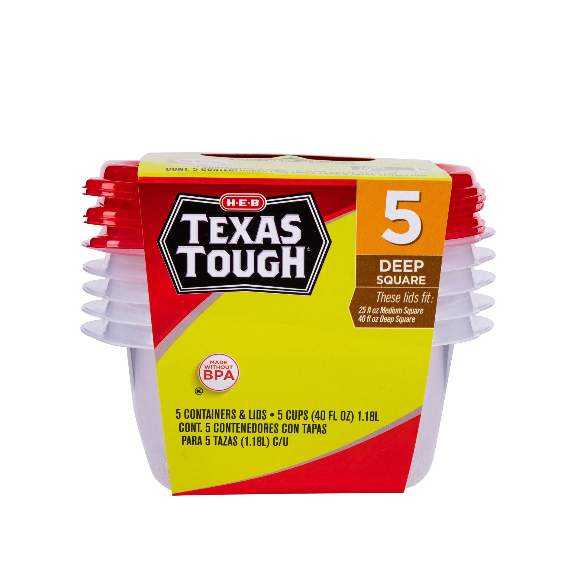 slide 1 of 1, H-E-B 5 Texas Tough Deep Square Storage Containers, 40 oz