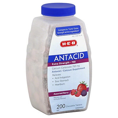 slide 1 of 1, H-E-B Antacid Extra Strength 750 mg Assorted Berry Chewable Tablets, 200 ct