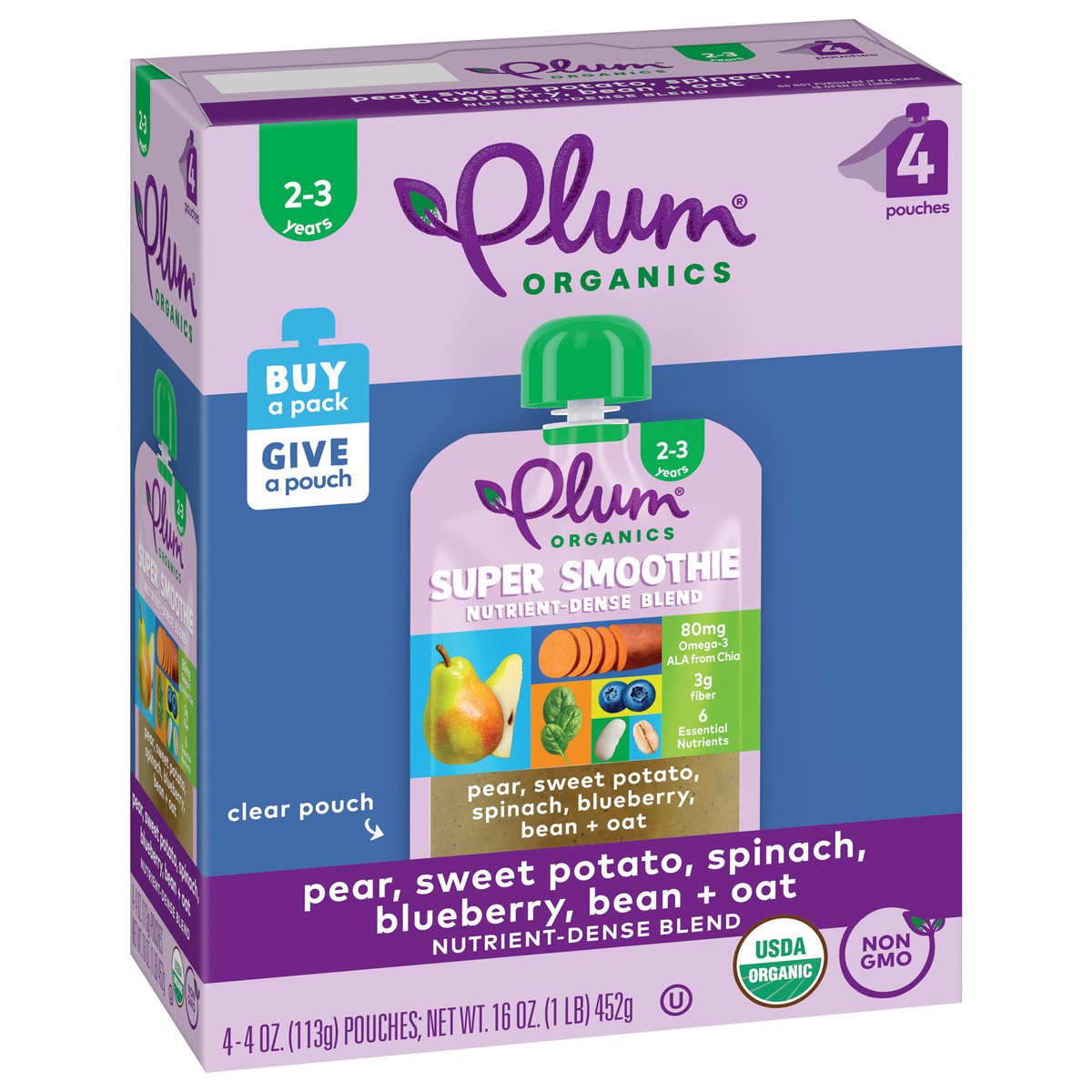 slide 2 of 9, Plum Organics Super Smoothie Pear, Sweet Potato, Spinach, Blueberry, Bean & Oat 4oz Pouch-4-Pack, 4 ct; 16 oz