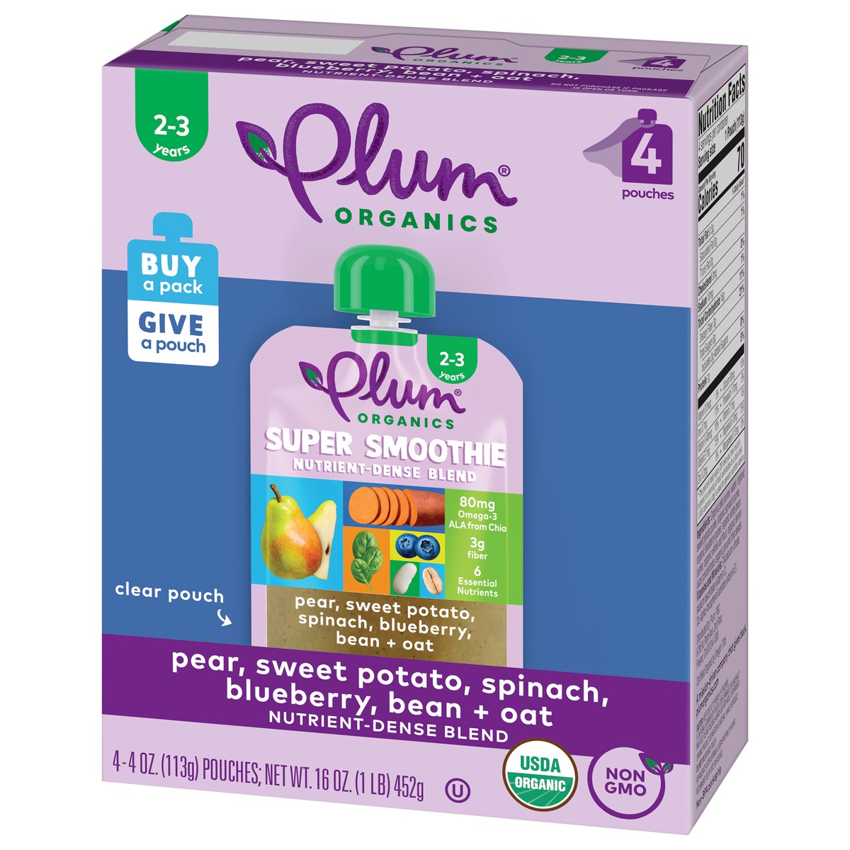 slide 3 of 9, Plum Organics Super Smoothie Pear, Sweet Potato, Spinach, Blueberry, Bean & Oat 4oz Pouch-4-Pack, 4 ct; 16 oz