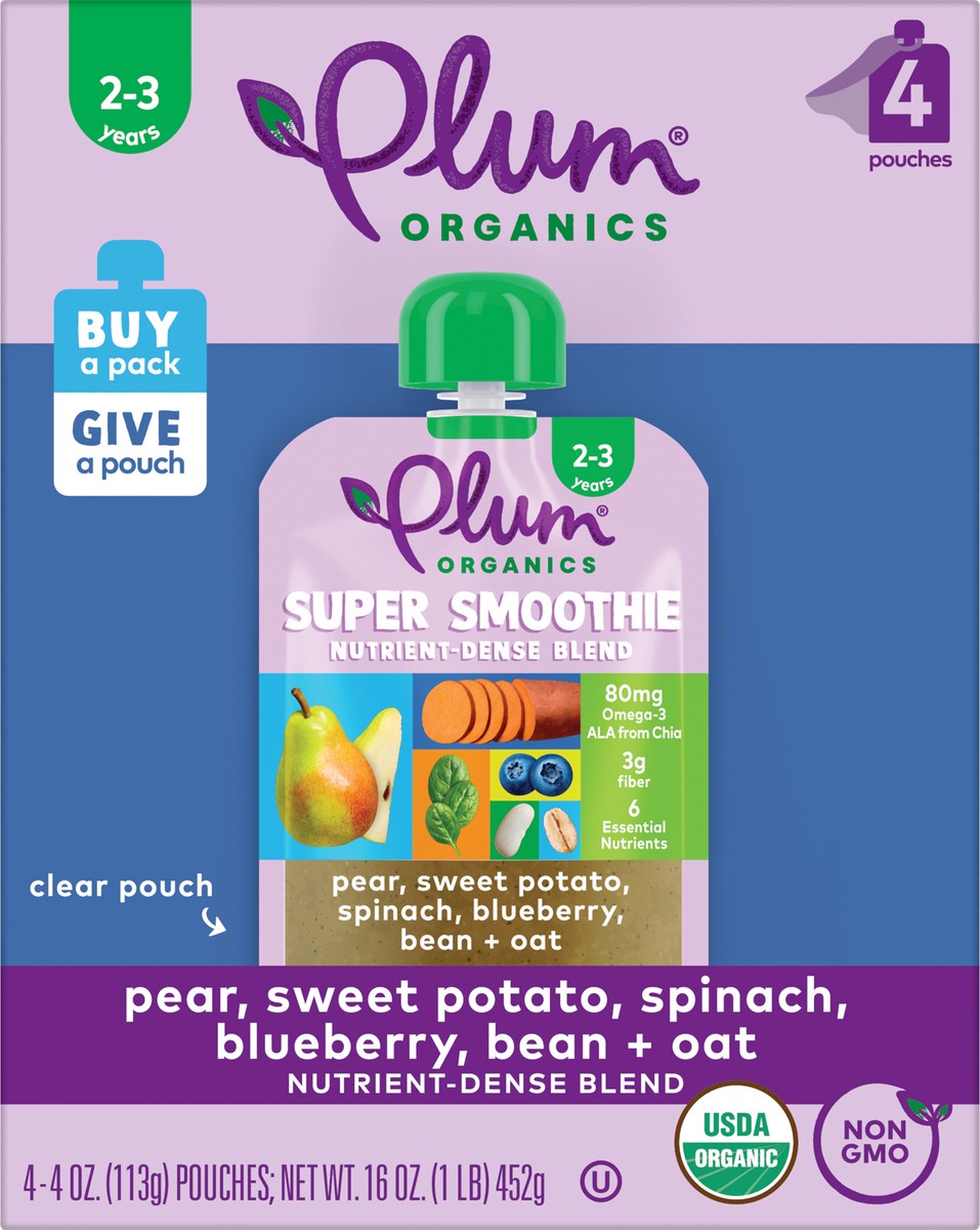 slide 6 of 9, Plum Organics Super Smoothie Pear, Sweet Potato, Spinach, Blueberry, Bean & Oat 4oz Pouch-4-Pack, 4 ct; 16 oz