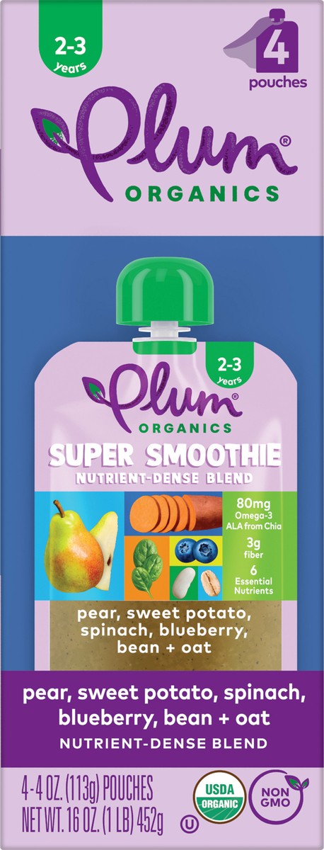 slide 7 of 9, Plum Organics Super Smoothie Pear, Sweet Potato, Spinach, Blueberry, Bean & Oat 4oz Pouch-4-Pack, 4 ct; 16 oz