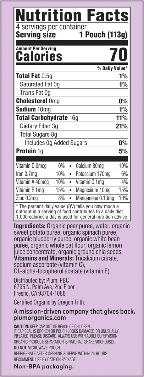 slide 8 of 9, Plum Organics Super Smoothie Pear, Sweet Potato, Spinach, Blueberry, Bean & Oat 4oz Pouch-4-Pack, 4 ct; 16 oz