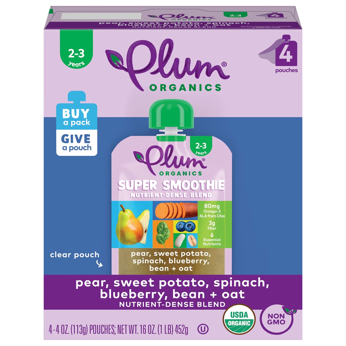 slide 1 of 9, Plum Organics Super Smoothie Pear, Sweet Potato, Spinach, Blueberry, Bean & Oat 4oz Pouch-4-Pack, 4 ct; 16 oz