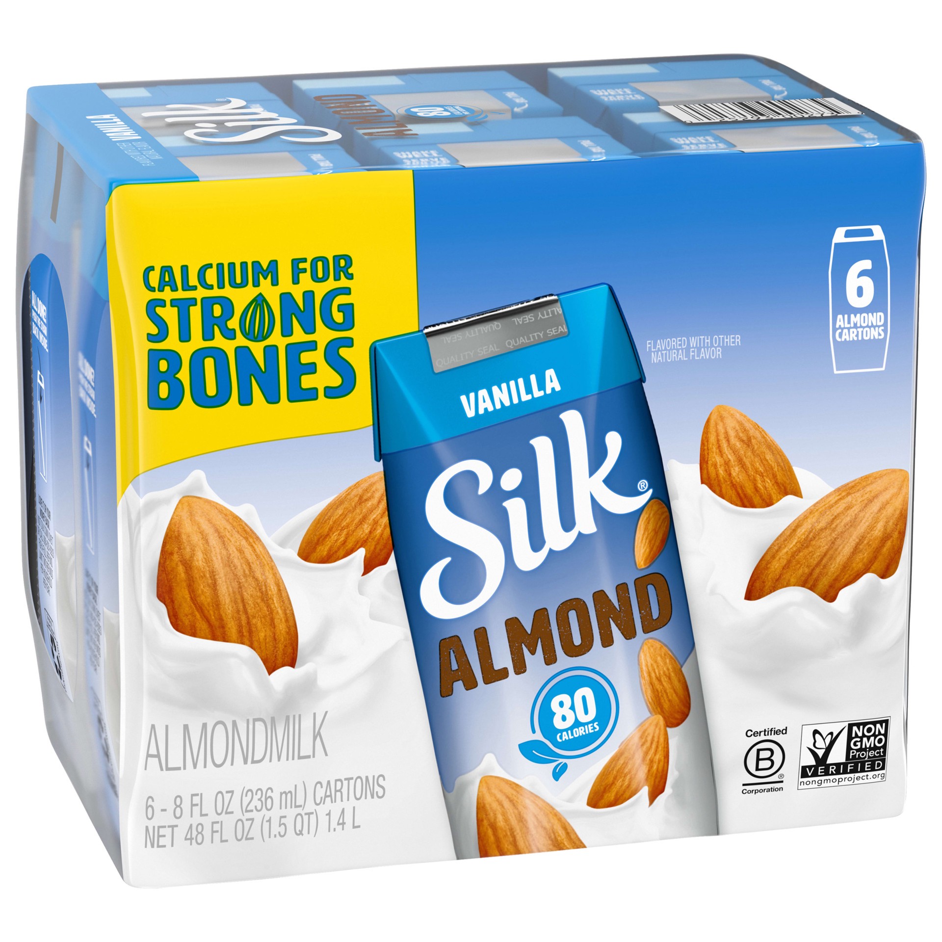 slide 4 of 5, Silk Almond Milk, Vanilla, Shelf Stable, Dairy Free, Lactose Free, Gluten Free Vegan Milk with 0g Saturated Fat and No Cholesterol per Serving, 8 FL OZ Carton, 6 Ct, 8 fl oz