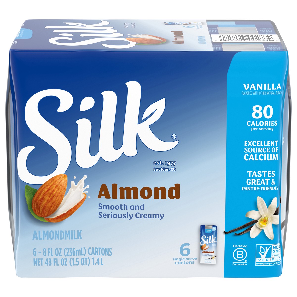 slide 1 of 5, Silk Almond Milk, Vanilla, Shelf Stable, Dairy Free, Lactose Free, Gluten Free 8 FL OZ Carton, 6 Ct, 6 ct; 8 fl oz