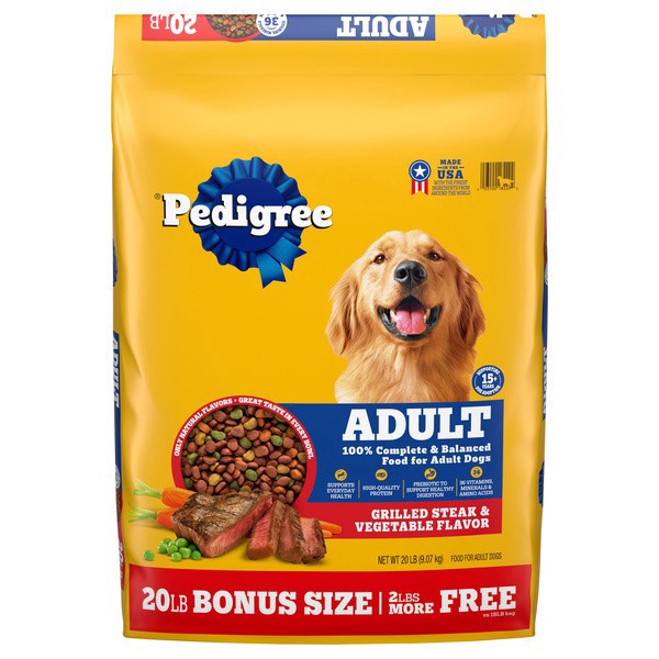 slide 1 of 8, Pedigree Adult Dry Dog Food Grilled Steak & Vegetable Flavor, 20 lb. Bag, 20 lb