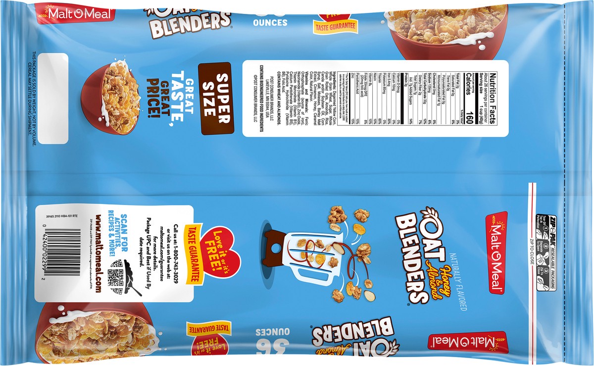 slide 4 of 7, Malt-O-Meal Oat Blenders Honey Cereal with Sliced Almonds, Honey Oats Breakfast Cereal, 36 OZ Bag, 36 oz