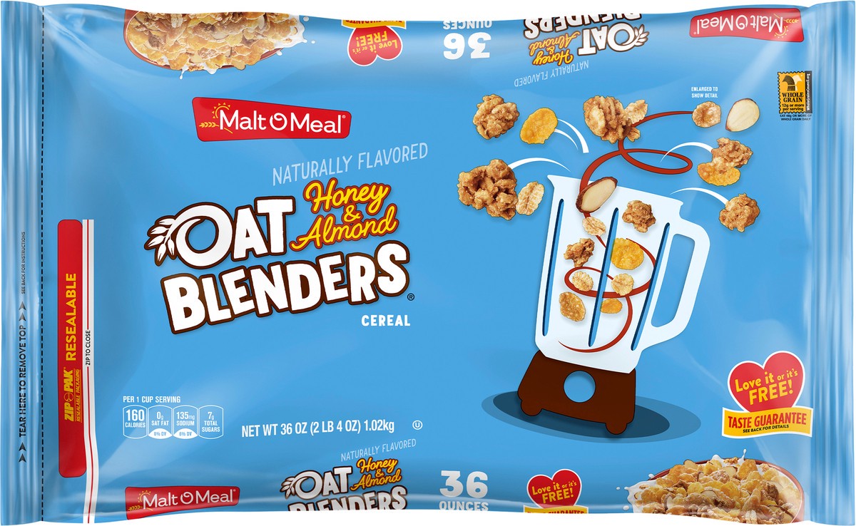 slide 7 of 7, Malt-O-Meal Oat Blenders Honey Cereal with Sliced Almonds, Honey Oats Breakfast Cereal, 36 OZ Bag, 36 oz